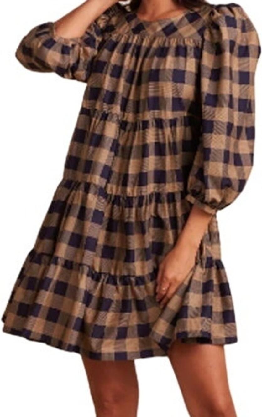 Summersalt The Luxe Pima Puff-Sleeve Mini Dress Tiered Checkered Blue Tan L NWT